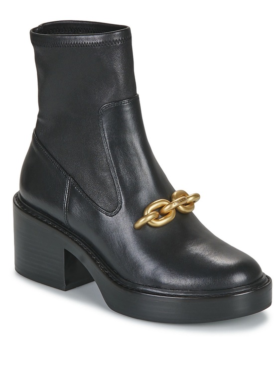 Coach Shoes - Coach Kenna Black Leather Ankle Boot with Gold Chain Accent